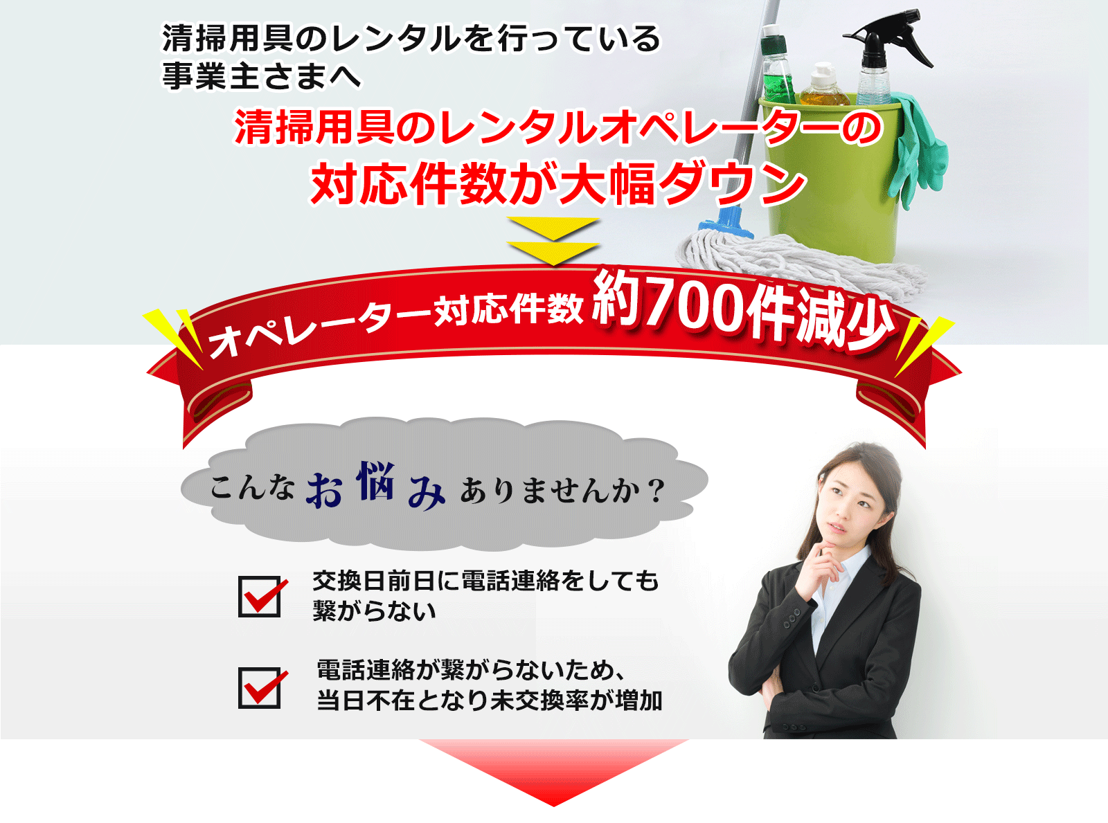清掃用具のレンタルオペレーターの対応件数が大幅ダウン オペレーター対応件数約700件減少