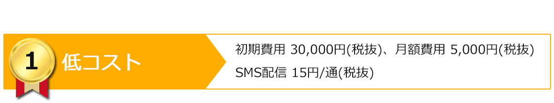 低コスト 初期費用 30,000円(税抜)、月額費用 5,000円(税抜) SMS配信 15円/通(税抜)
